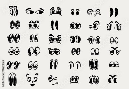 Big set retro cartoon characters funny faces. Vintage 30s, 50s, 60s old animation, comic eyes elements. Smiley vector faces, different eyes with funny emotions. Faces logo happy and sad emotions.