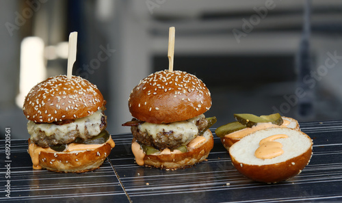 Photography Freshly prepared hamburgers waiting for their customers at the farmers market sn