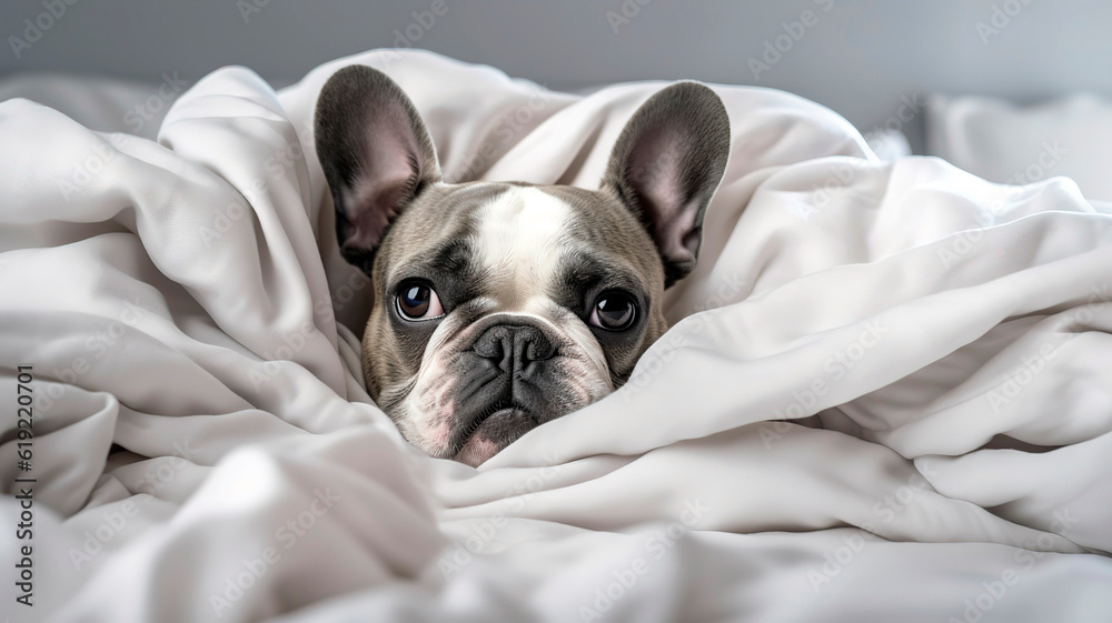Funny dog french bulldog lies in bed linen, figure, white color, light background. Funny dog french bulldog lies in bed linen, figure, white color, light background.