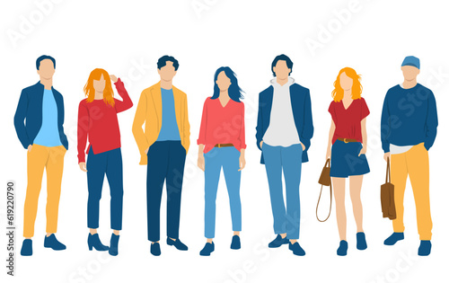  Set of young men and women, different colors, cartoon character, group of silhouettes of standing business people, students, the design concept of flat icon, isolated on white background © Galina