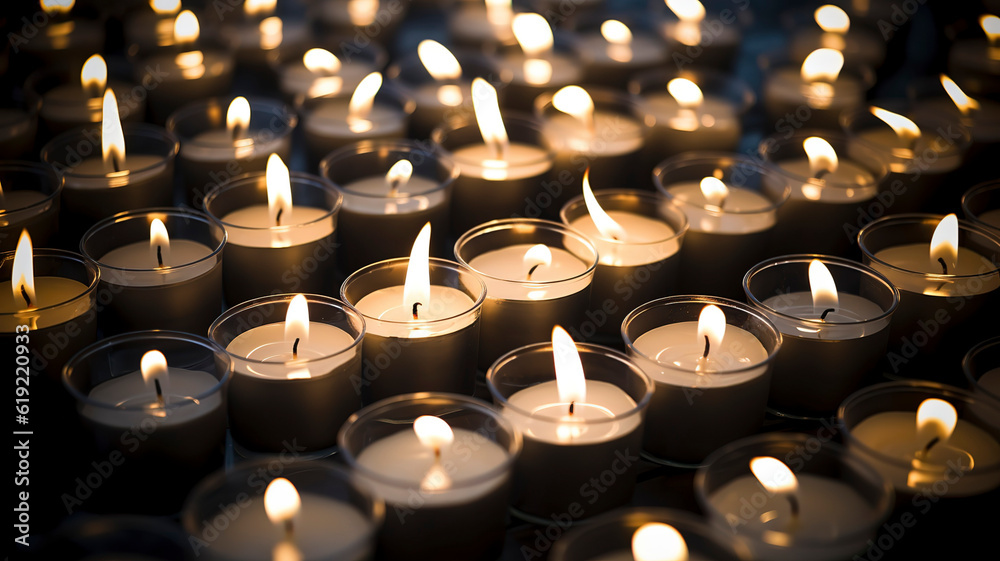 Group of lit candles, Memory of deceased persons, wallpaper background.