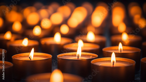 Group of lit candles  Memory of deceased persons  wallpaper background.