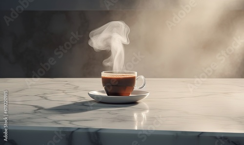  a cup of coffee with steam rising from it on a marble table. generative ai