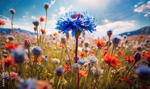  a field full of colorful flowers under a blue cloudy sky.  generative ai © Anna