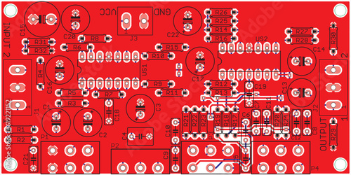 Vector printed circuit board of an electronic 
device with components of radio elements, 
conductors and contact pads placed on it. 
Engineering drawing.