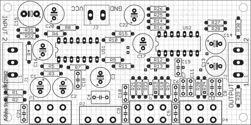 Placement of components of radio elements (contact
pads and seats) on the printed circuit
board of an electronic device.
Vector engineering 
drawing of a pcb. Electric background with grid. 