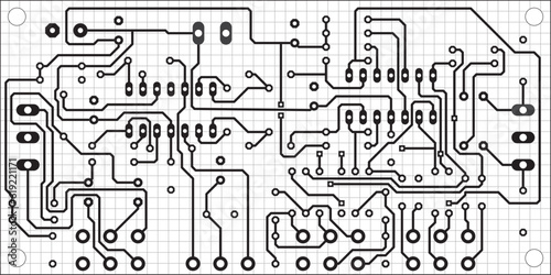 Tracing the conductors of the printed circuit board
of an electronic device. Vector engineering 
drawing of a pcb. Electric background with grid.