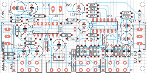 Vector printed circuit board of an electronic device with components of radio elements, conductors and contact pads placed on it. Engineering drawing with grid.