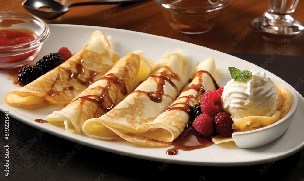 a white plate topped with crepes covered in syrup and fruit. generative ai a white plate topped with crepes covered in syrup and fruit. generative ai