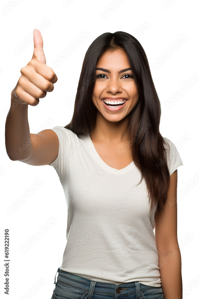 Happy Latin American woman doing thumb up over white transparent background