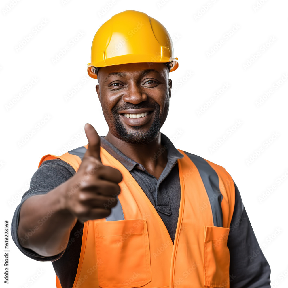 Cheerful African American construction worker smiling at camera with thumbs up over transparent background Cheerful African American construction worker smiling at camera with thumbs up over transparent background