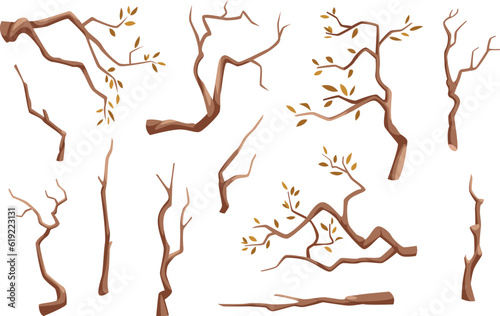 Branches. Wooden tree branches in cartoon style exact vector illustration set isolated
