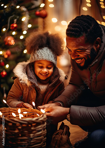 a little african american black girl decorates a Christmas tree with her dad, cozy and joyful atmosphere