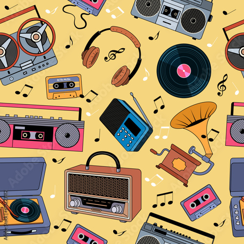 Music players pattern. Audio gadgets collection in retro style vintage radio headset recent vector seamless background
