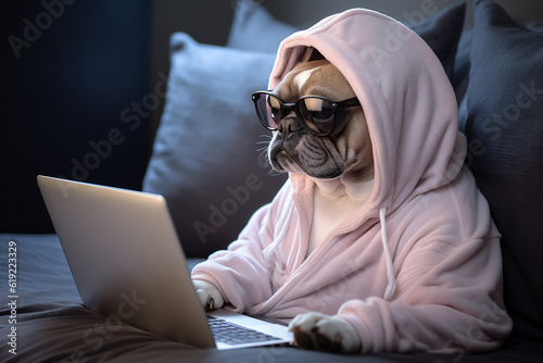 Cute French Bulldog Working on laptop wearing Glasses and a pajamas . The Pajama Powerhouse: Cute French Bulldog in Glasses and Pajamas Taking on Work.  Generative Ai  photo