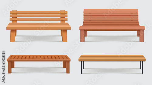 Benches. Realistic set of different wooden benches for urban park decent vector collection