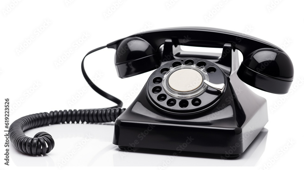 an old black telephone with rotary dial, isolated on white, Created using generative AI tools. an old black telephone with rotary dial, isolated on white, Created using generative AI tools.