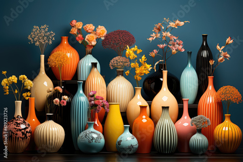 Admire the assortment of decorative vases placed against a colorful background, adding an artistic touch to interior design and capturing the essence of home decor. Generative Ai, Ai.