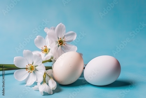 two eggs and a flower on a blue background. Generative AI