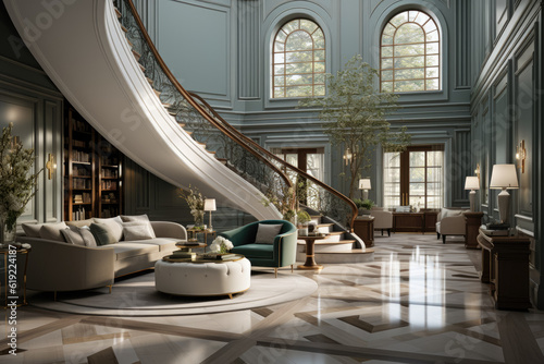 Step into the world of interior design with a modern entrance hall featuring a staircase in a villa, showcasing contemporary aesthetics and sophisticated architectural elements. Generative Ai, Ai.