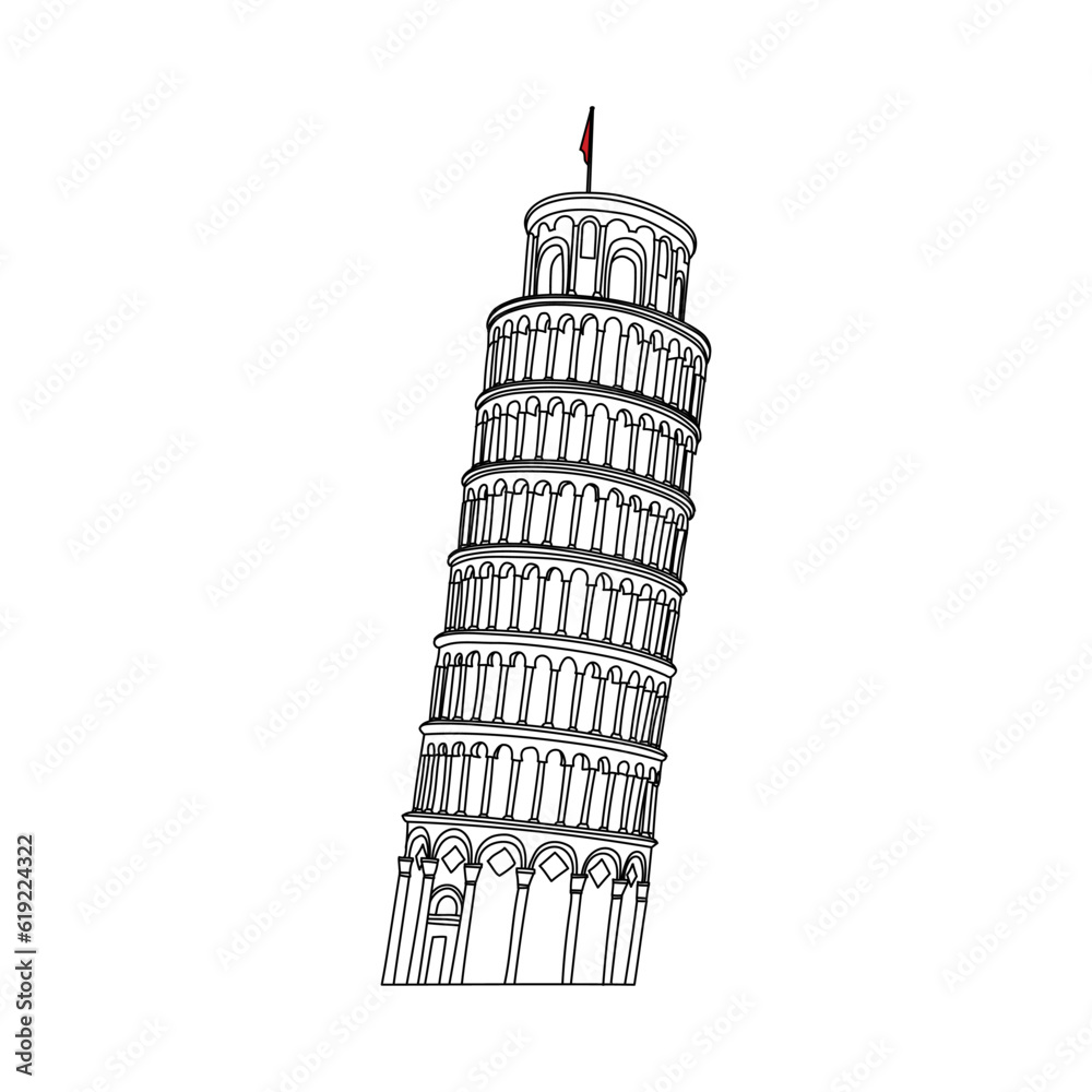 Hand-drawn line drawing of the Leaning Tower of Pisa on white background. Design element symbolizing a trip to Italy. Famous landmark of Italy. Stock vector illustration.