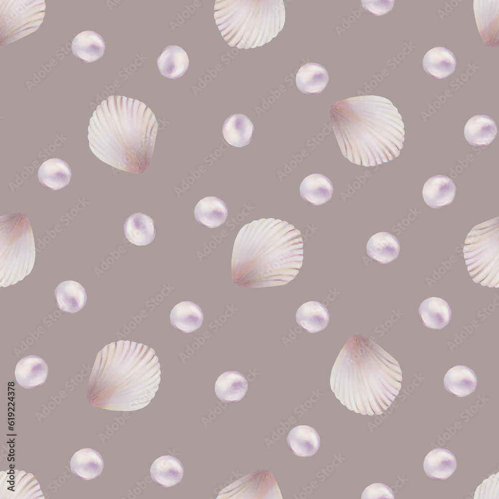 Watercolor seamless pattern with shells and pearls. Hand painting clipart underwater life objects on a white isolated background. For designers, decoration, Watercolor seamless pattern with shells and pearls. Hand painting clipart underwater life objects on a white isolated background. For designers, decoration,