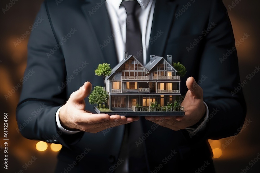 Real estate agent holding house model in his hands. 3D rendering Real estate agent holding house model in his hands. 3D rendering