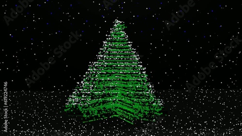 Christmas background. Christmas tree in the night with falling snow and shining stars on the sky. 4K video animation 3d render.
