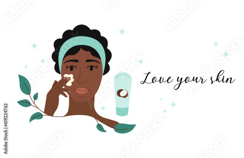 Love your skin. Skincare card, poster, banner with text. Woman applying moisturizer to face. Vector flat illustration of organic cosmetic product