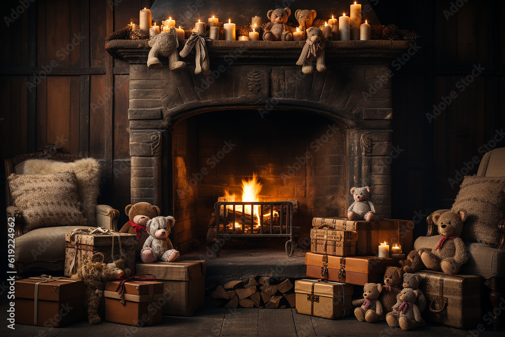 fireplace with burning candles during christmas ,holiday ai generative