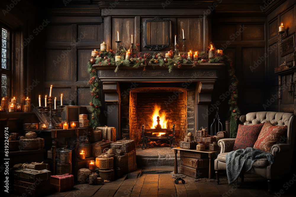fireplace with burning candles during christmas ,holiday ai generative fireplace with burning candles during christmas ,holiday ai generative