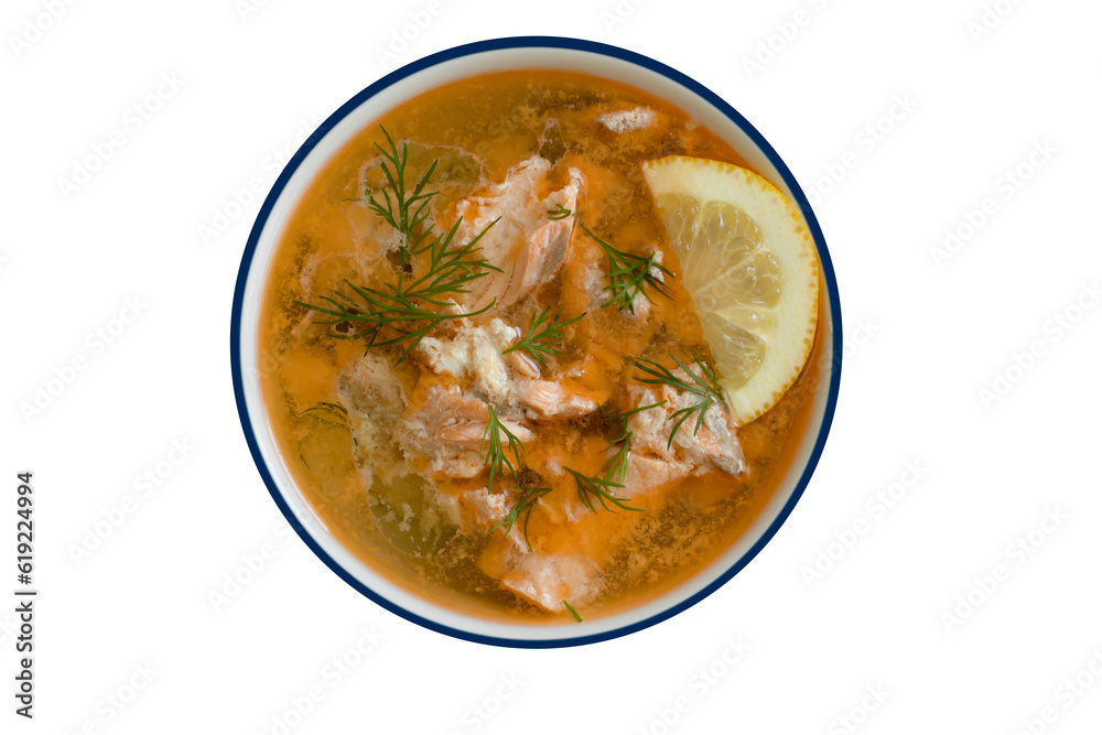 Soup with salmon in a plate isolated on white background