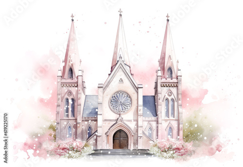 Watercolor Catholic Church in Pink Colors on White, wedding background