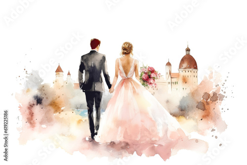 Watercolor Groom and Bride Against Catholic Church Isolated on White, wedding background