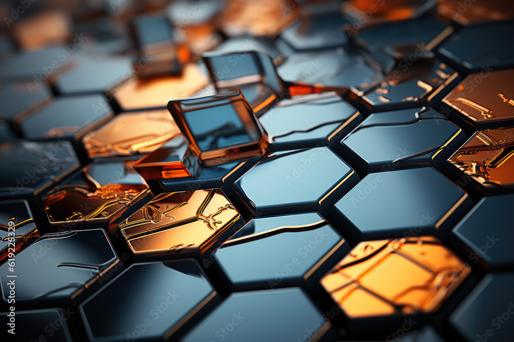 Abstract metal background with hexagonal patterns and a play of light. Generative Ai, Ai. Abstract metal background with hexagonal patterns and a play of light. Generative Ai, Ai.