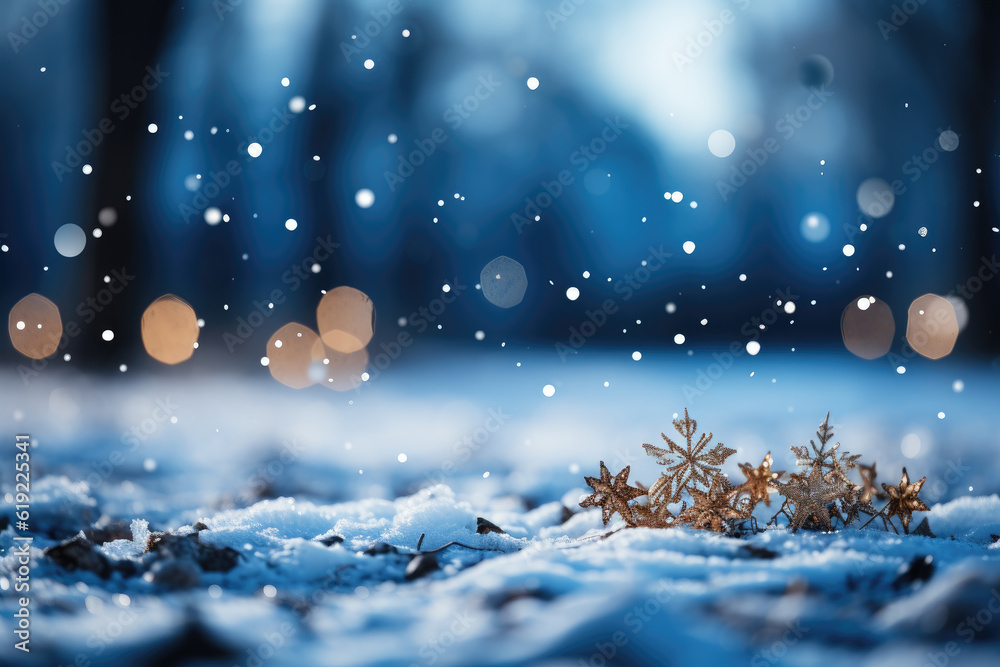 Fototapeta premium Winter-themed background with snow and blurred bokeh effects. Perfect for Merry Christmas and Happy New Year greeting cards with ample copy space. Generative Ai, Ai.