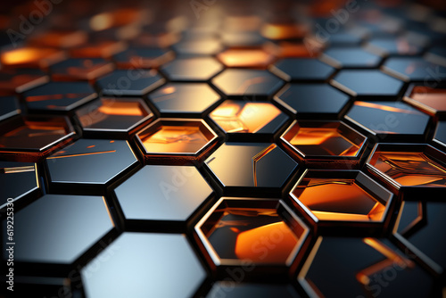 Abstract metal background with hexagonal patterns and a play of light. Generative Ai, Ai.