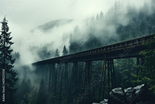 Misty landscape featuring a fir forest with a vintage retro hipster style. Generative Ai, Ai.
