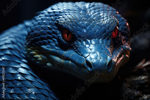 Close-up of a blue viper snake's face. Generative Ai, Ai.