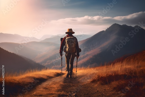 A person travels through the mountains with trekking poles, mountain shoes, hiking boots, walking on stones, sticks in hand, Nordic walking. Created using generative AI tools
