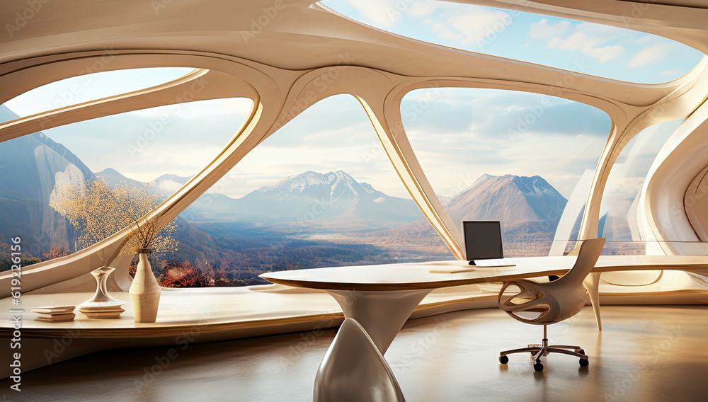 Fototapeta premium A beautiful futuristic work from home office with a fantastic view of the mountains. The minimal design is the modern workplace. WFH.