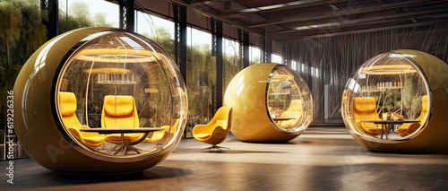 Futuristic business rented workplace telecommuting pods with beautiful interior design. Connecting co-workers with online technology to reduce long commutes. photo