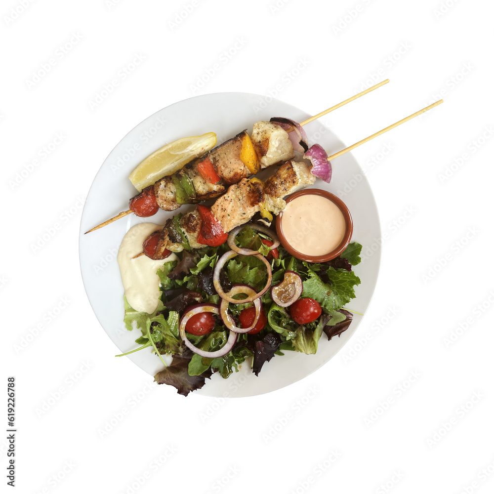 Seafood skewer with salad, sauce on plate top view, healthy grilled food ingredient close up, clipping path, Mediterranean diet concept for restaurant menu, poster, card Seafood skewer with salad, sauce on plate top view, healthy grilled food ingredient close up, clipping path, Mediterranean diet concept for restaurant menu, poster, card