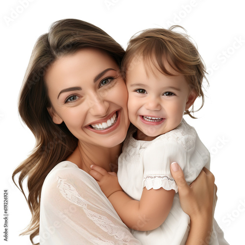 Fotografia Portrait of happy mother embracing her baby girl over white transparent backgrou