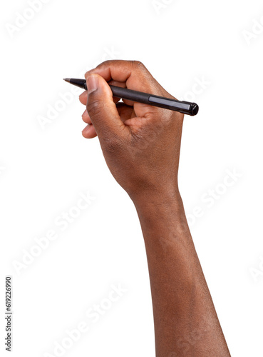 Man holding a pen in a hand and writing or drawing, isolated on white or transparent background 