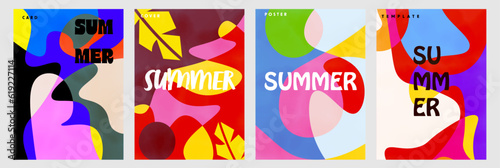 Hello summer. Vector colorful abstract fluid and geometric background set for summer