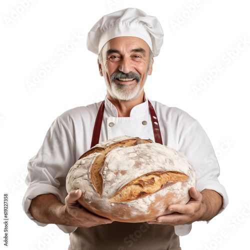 Middle aged French baker man holding bread over white transparent background
