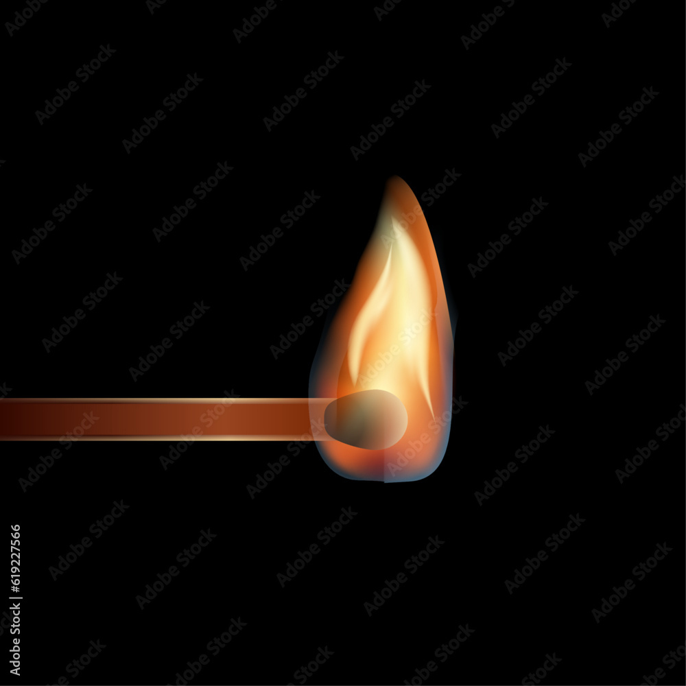 Fototapeta premium Burning match with flame on black background.Vector illustration