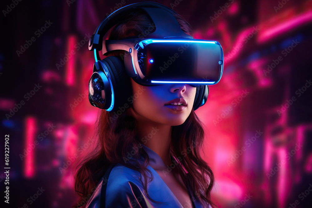 Generative AI image of young woman wearing virtual reality goggles and ...
