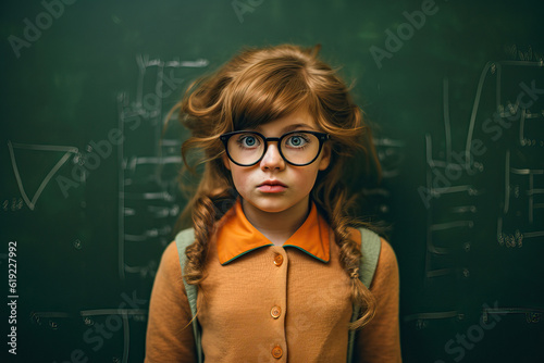 A young girl wearing glasses standing in front of a green chalkboard created with Generative AI technology photo